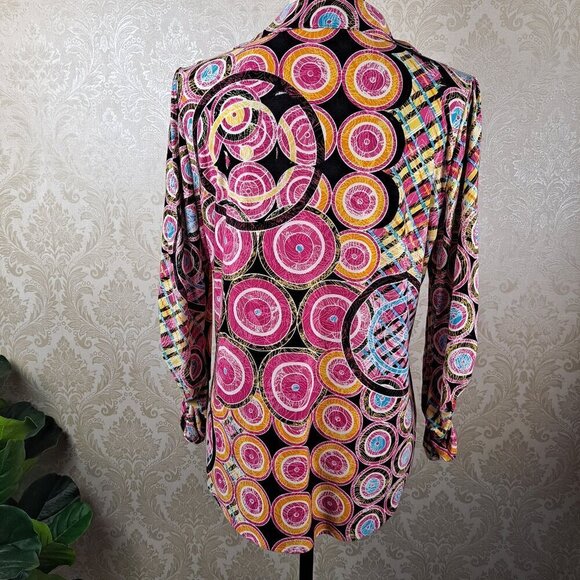 Peter Nygard Size M/L V-neck Button Front Shirt Geometric Print Ruched Sleeves - Picture 8 of 13